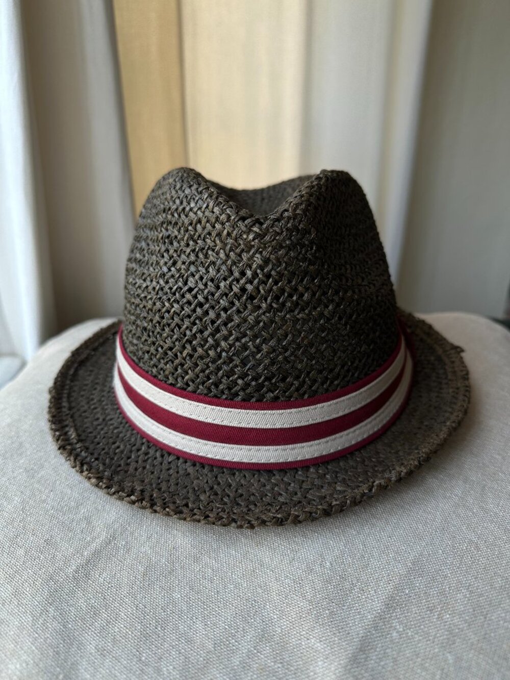 VANS Woven Straw Trilby Hat Brown Burgundy Cream Striped Band Unisex